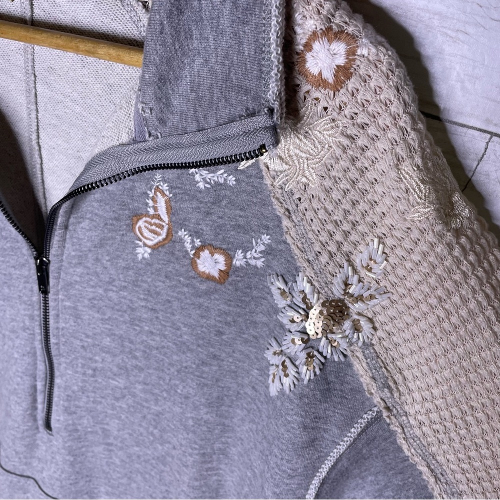 Embroidered Half-Zip Pullover Top - Gray & Pink - Picture 3 of 6